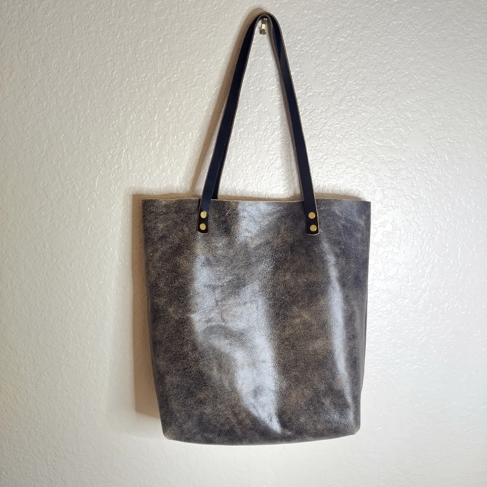 Classic Gray Leather Tote Bag with Black Straps
